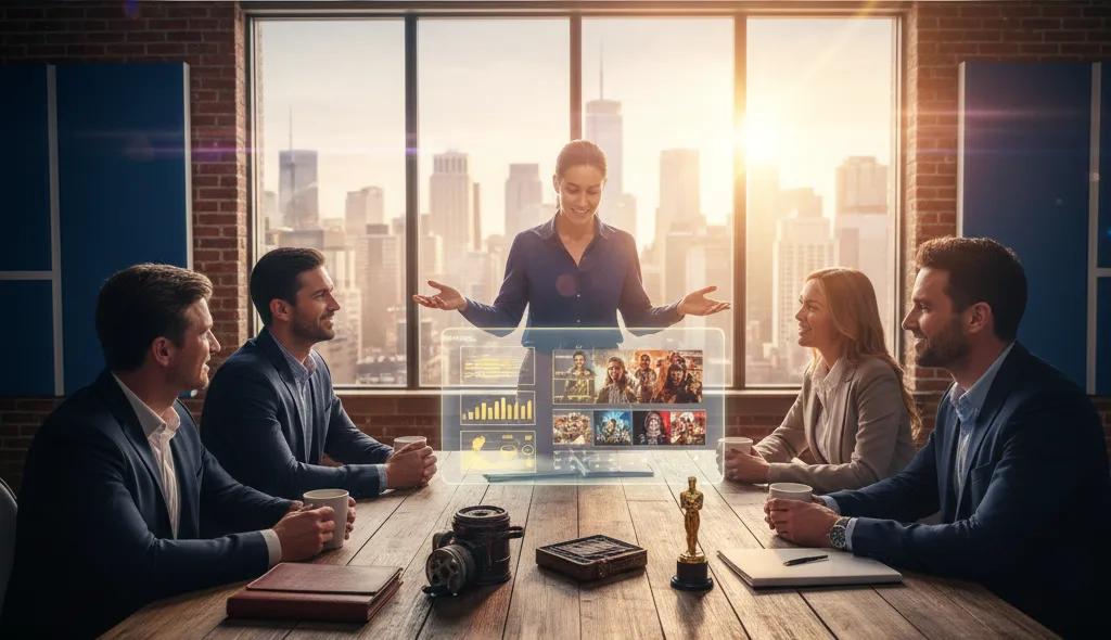 Reunión creativa en una sala con vistas a la ciudad, donde una persona de pie presenta una estrategia de distribución audiovisual sobre una interfaz holográfica con pósters de películas y gráficos de datos, frente a cuatro ejecutivos sentados alrededor de la mesa.