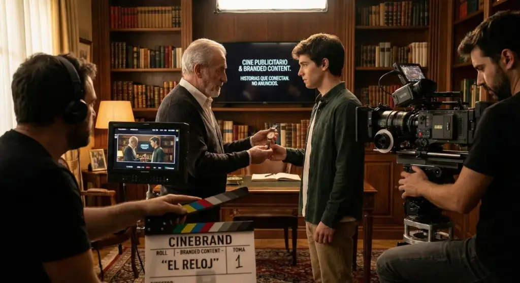 Rodaje de una escena de 'branded content' para Cinebrand en una biblioteca, donde dos actores intercambian un reloj mientras un equipo de producción, con miembros de pelo rosa, filma la toma.