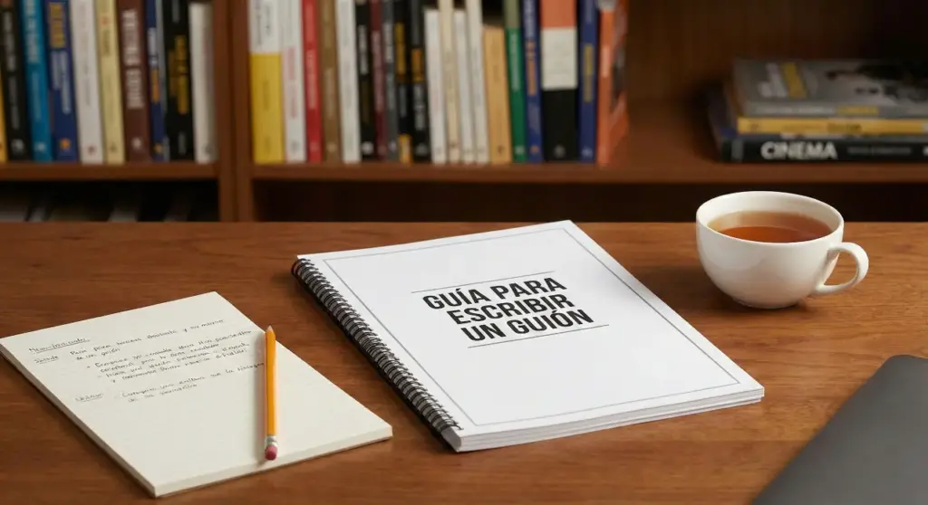 Primer plano de un cuaderno encuadernado en espiral titulado ‘Guía para escribir un guion’ sobre una mesa de madera, con una estantería llena de libros desenfocada al fondo.
