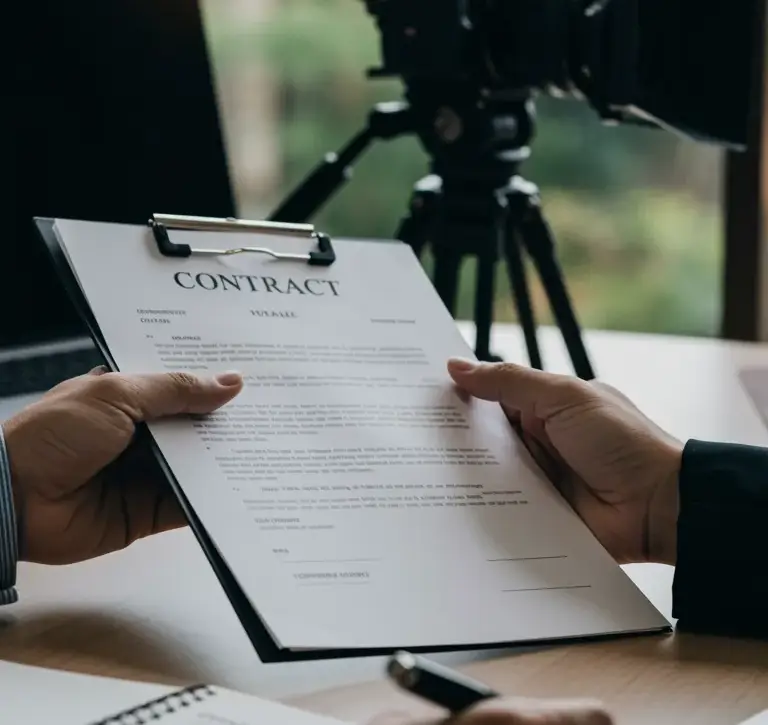 Primer plano de una reunión en la que una persona entrega un contrato sobre un portapapeles a otra que se dispone a firmarlo, con una cámara de vídeo profesional desenfocada al fondo sobre un trípode.