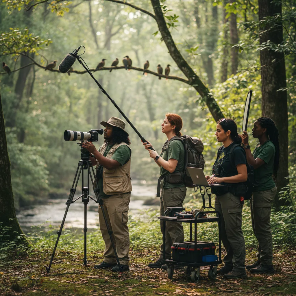 Equipo de rodaje de documental de naturaleza grabando aves en un bosque, con una persona manejando una cámara con teleobjetivo sobre trípode mientras otra sostiene una pértiga de sonido y el resto controla el equipo técnico.