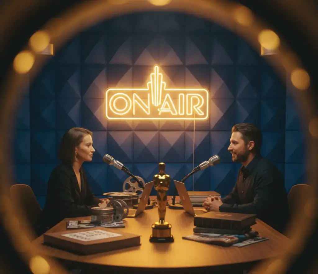 Dos personas grabando un podcast sobre cine en un estudio acústico con neón ‘On Air’ al fondo, sentadas frente a frente con micrófonos y una estatuilla dorada sobre la mesa.