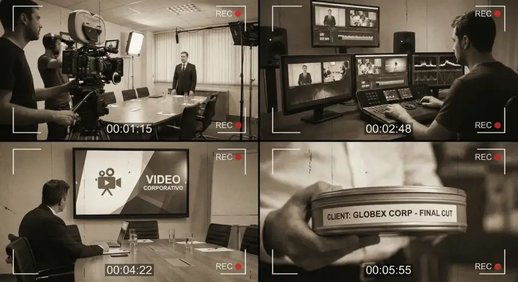 Montaje en cuatro viñetas de la producción de un vídeo corporativo, con rodaje en sala de reuniones, editor trabajando en varias pantallas, ejecutivo viendo la pieza terminada y mano sosteniendo una lata de película con la etiqueta ‘Client: Globex Corp – Final Cut’