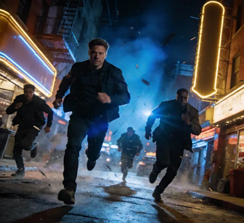 Escena nocturna de serie de acción donde varios personajes huyen corriendo por una calle llena de neones tras una explosión azul, con escombros y humo elevándose a su espalda.