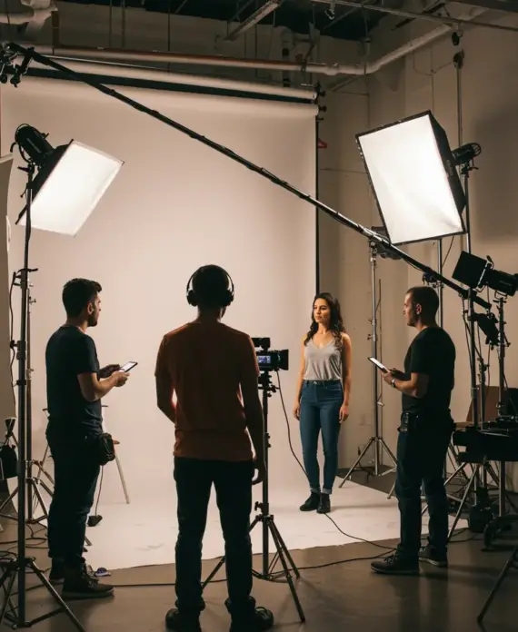 Rodaje de entrevista o testimonio en estudio con fondo blanco, donde una mujer de pie frente a la cámara está rodeada por tres técnicos que ajustan iluminación y sonido con grandes focos y equipo profesional.