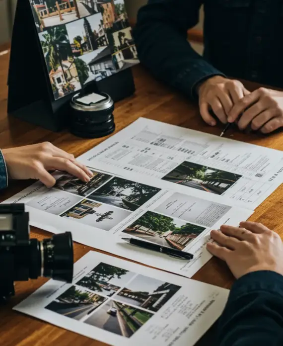 Reunión creativa en una mesa de madera donde varias personas revisan impresiones con fotografías y maquetas de diseño, junto a una cámara, objetivos y un calendario de imágenes arquitectónicas apoyado en un atril.