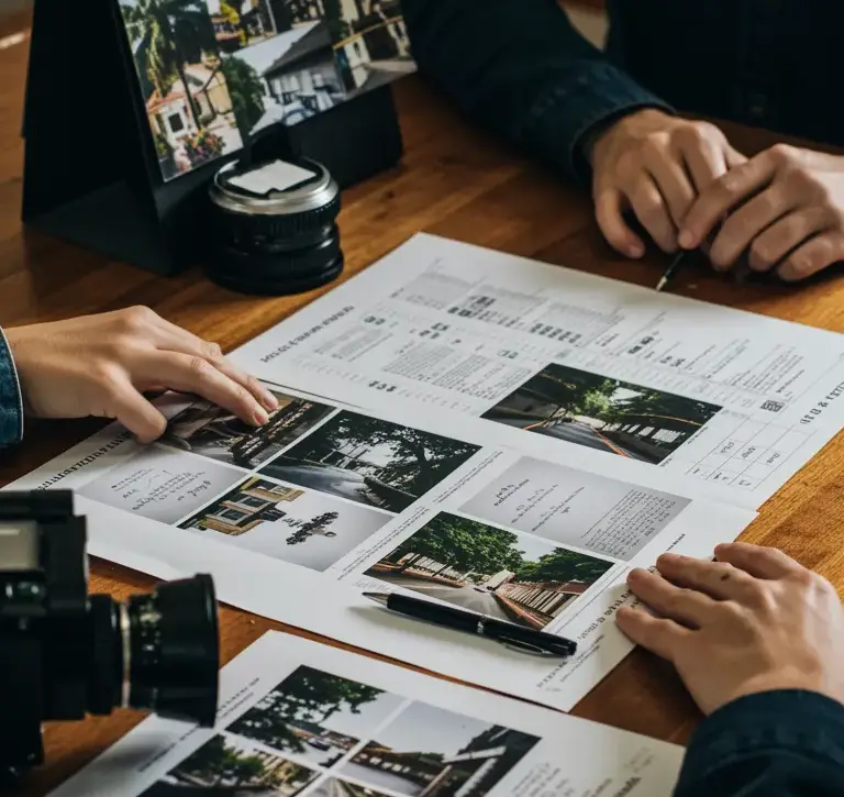 Reunión creativa en una mesa de madera donde varias personas revisan impresiones con fotografías y maquetas de diseño, junto a una cámara, objetivos y un calendario de imágenes arquitectónicas apoyado en un atril.