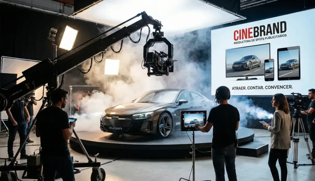Rodaje profesional de anuncio de coche eléctrico en plató, con un Audi gris sobre plataforma giratoria, brazo de cámara cinematográfica, humo ambiental y equipo de filmación trabajando frente a una pantalla gigante con el logo CINEBRAND.