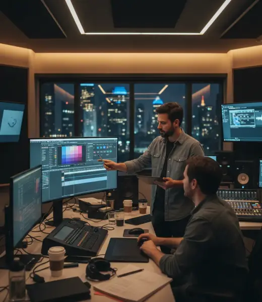 Dos especialistas de postproducción trabajan de noche en un estudio con vistas a la ciudad, revisando en varios monitores la corrección de color, el montaje y el audio de un proyecto audiovisual.