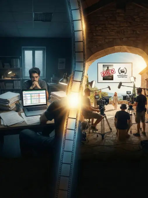 Composición dividida en dos mitades donde a la izquierda un productor trabaja entre papeles y hojas de cálculo, y a la derecha un equipo rueda una escena en un patio con vistas al mar, unidas por una tira de película iluminada.