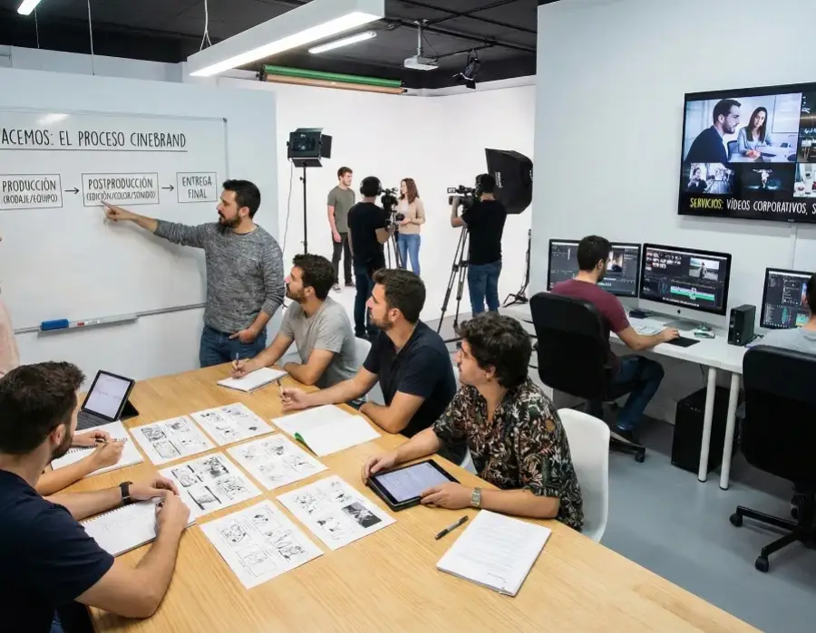 Equipo de productora audiovisual trabajando en un estudio abierto, con parte del grupo planificando el proceso de producción en una mesa con storyboards y pizarra, mientras al fondo se rueda una escena y a la derecha varios editores montan el material en ordenadores.