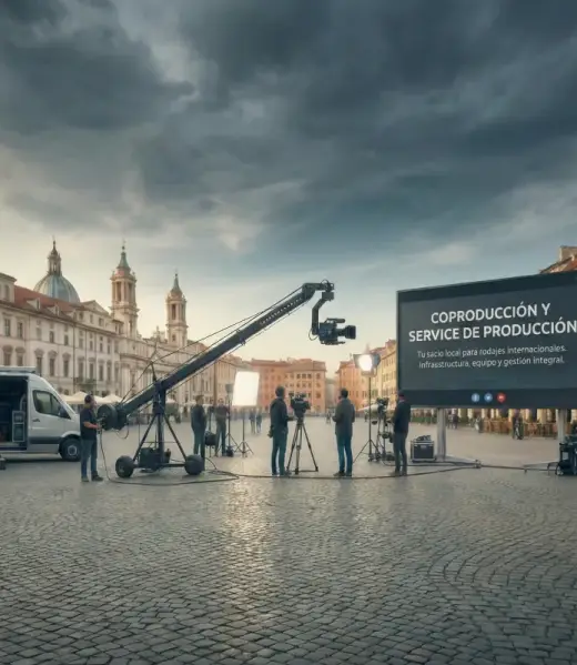 Rodaje profesional en una gran plaza europea con grúa de cámara, focos y furgoneta técnica, junto a una gran pantalla que anuncia servicios de coproducción y service de producción para rodajes internacionales.
